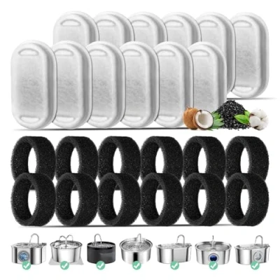 Abbildung von Katzenbrunnen Filter, 12 Pack Ersatzfilter für 108oz/3.2L Edelstahl Katzenbrunnen, Stück Kohlefilter und Schaumfilter Dreifach Filterung Filter 2L Trinkbrunnen Katzen Hunde