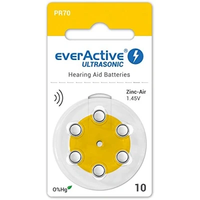 Abbildung von everActive 10, 6 Stück, Hörgerätebatterien, hohe Leistung, Zink Luft Batterien, 1 Blisterkarte, 4 jährige Haltbarkeit, gelb, Ultrasonic PR70, EVHAB10