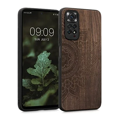 Abbildung von kwmobile Hülle kompatibel mit Xiaomi Redmi Note 11 / 11S Holz Case Handy Cover TPU Handyhülle in Dunkelbraun Aufgehende Sonne
