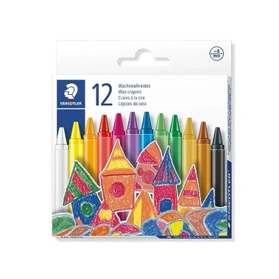 Abbildung von STAEDTLER Wachsmalkreide, leuchtende Farben, 8 mm Durchmesser, mit Papiermanschette, 12 Wachsmalkreiden in sortierten Farben im Kartonetui, 220 08 C12