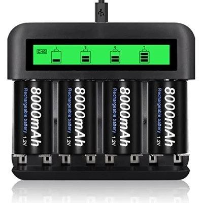 Abbildung von CITYORK 4 Stück D Zellen 8000mAh wiederaufladbare Akkus mit 8 Steckplätzen NI MH CD Ladegerät für AA AAA Akku (Ladegerät und Akku)
