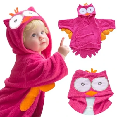 Abbildung von Lexikind Kapuzenhandtuch Baby: Frottee Bademantel Babyhandtuch mit Kapuze Kapuzenbadetuch (Eule pink)