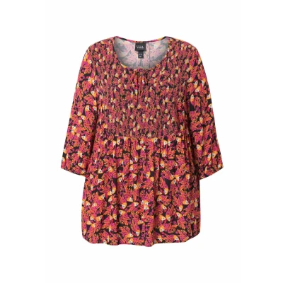 Abbildung von Ulla Popken Printed Smocked Bodice 3/4 Sleeve Bluse, Damen, Größe: 42/44, Black