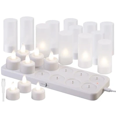 Abbildung von Lunartec aufladbare Teelichter: 12er Set Akku LED Teelichter mit Kunststoff Dekogläsern &amp; Ladestation (wiederaufladbare Teelichter, Akkus, wiederaufladbar)