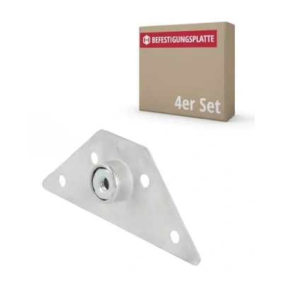 Abbildung von Gedotec Montageplatte für Möbelfüße aus Metall KEA 4 Stück Montageplatten zum Schrauben Tischbein Verbinder Stahl verzinkt Platte dreieckig mit M10 Gewinde Integrierter Federmechanismus