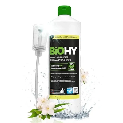 Abbildung von BiOHY Teppichreiniger für Waschsauger (1l Flasche) + Dosierer geeignet alle entfernt Flecken und Schmutz mühelos Reinigung Pflege in einem materialschonend &amp; tierfreundlich