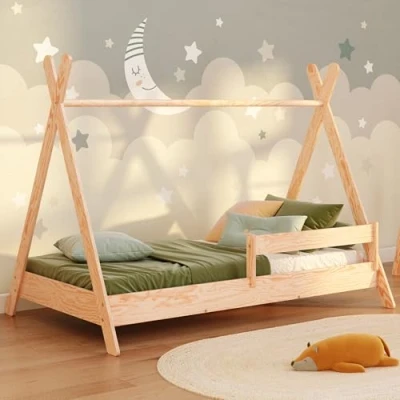 Abbildung von smartwood Tipi Kinderbett 90x200 mit Lattenrost und Rausfallschutz Montessori Hausbett für Jungen Mädchen Bett aus Kiefernsperrholz 200x90 Naturholz