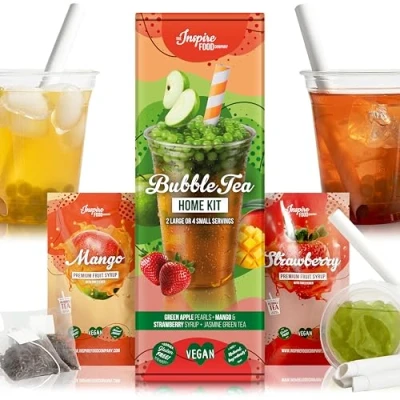 Abbildung von INSPIRE FOOD Bubble Tea Set Grüner Apfel Boba 100g, Erdbeer Sirup 30ml, Mango 4x Strohhalme + 2x Jasmin Tee 100% vegan, glutenfrei, ohne künstl. Farbstoffe
