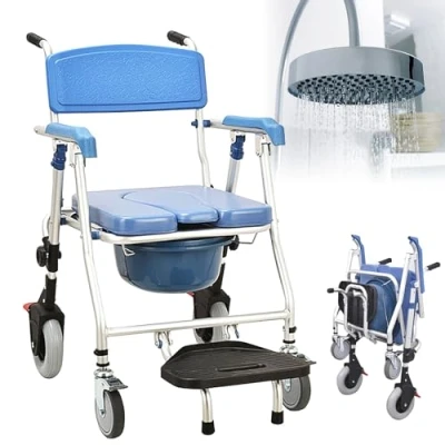 Abbildung von VFDZ Klappbarer Toilettenstuhl mit Rollen, Duschstuhl für Senioren Fahrbar Rollen 150kg, Armlehnen Behinderte, Blau