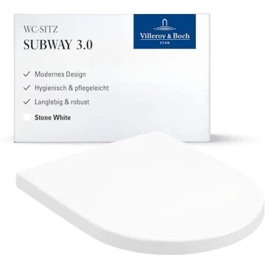 Abbildung von Villeroy &amp; Boch WC Sitz Subway 3.0 Toilettendeckel Stone White matt aus robustem Duroplast Toilettensitz mit Edelstahl Scharnieren Bruchsicherer Klodeckel D Form Original Ersatzteil