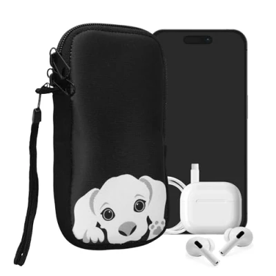 Abbildung von kwmobile Handytasche für Smartphones M 5,5&quot; Neopren Handy Tasche Hülle Cover Case Schutzhülle Neugieriger Hund Schwarz Weiß 15,2 x 8,3 cm Innenmaße