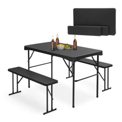 Abbildung von Sekey Bierzeltgarnitur Klappbar Kunststoff 113 x 61 cm Esstisch Set mit 2 Bänken für 4 Personen Festzeltgarnitur drinnen draußen Biertisch Garten (Schwarz)