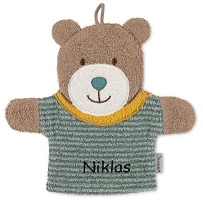 Abbildung von Sterntaler Spiel Waschhandschuh mit Namen bestickt, Waschlappen für Kinder &amp; Babys personalisiert, 22 cm (Ben Grün Braun gestreift)