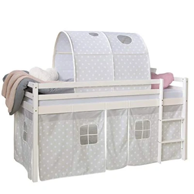 Abbildung von Homestyle4u 1889, Kinderbett 90x200 Weiß Grau Hochbett mit Treppe Vorhang Sterne Tunnel Bettgestell Holz Kiefer