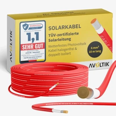 Abbildung von Avoltik Solarkabel 6mm2 in 10 m I TÜV zertifizierte Solarleitung für Photovoltaik 1500V robustes Solar Verlängerungskabel H1Z2Z2 K wetterfestes Kabel halogenfrei &amp; doppelt isoliert