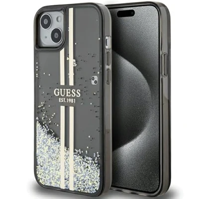 Abbildung von Guess GUHCP15MLFCSEGK Hülle für iPhone 15 Plus / 14 6.7&quot; Schwarz hardcase Liquid Glitter Gold Stripes