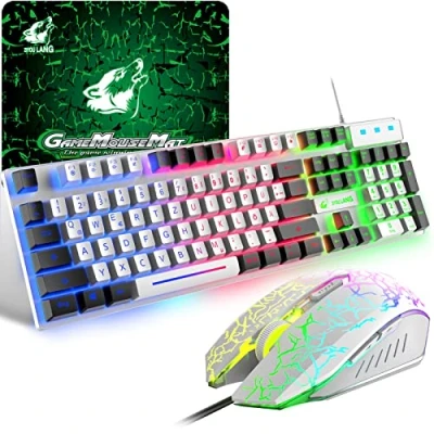 Abbildung von Gaming Farbblock Tastatur und Maus Set, QWERTZ German Layout Regenbogen LED Hintergrundbeleuchtung Ergonomische Keyboard 6 Tasten 2400 DPI Mauspad, USB Verkabelt, Weiße+Schwarz Tastenkappen