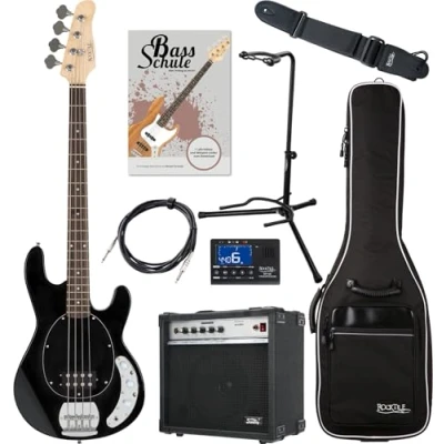 Abbildung von Rocktile MB 4 BK E Bass Super Set Body: Linde, Hals: Ahorn 2 Single Coil Pickups im Humbucker Format Inklusive Amp, Gigbag, Tuner, Gurt, Ständer, Kabel und Schule Schwarz