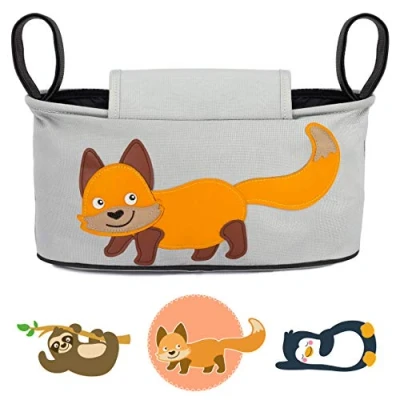 Abbildung von GLÜCKSWOLKE Kinderwagen Organizer 12 Motive, Kinderwagentasche verschließbar, Kinder Buggy Tasche mit Feuchttuchspender, Aufbewahrungstasche, Baby Zubehör Fuchs (Willi Wildfuchs, Grau)