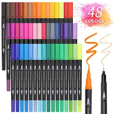 Abbildung von Owelth Brush Pen Set, 48 Farben Dual Tip Pinselstifte Aquarell Marker, Filzstifte Dicke und Dünne Doppelfasermaler, für Kinder Erwachsene Mandala Fasermaler 1 2 mm/Fineliner 0,4 mm