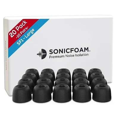 Abbildung von SONICFOAM Memory Schaum Ohrhörer Aufsätze Prämie Geräuschisolierung, Ersatz Ohrhöreraufsätze aus Schaumstoff, 20 Stück für In Ear Kopfhörer (SF1 groß, Schwarz)