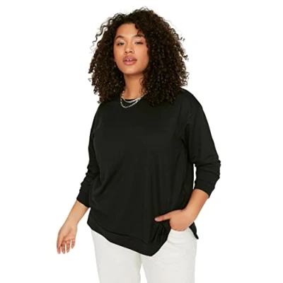 Abbildung von TRENDYOL Damen mit Rundhalsausschnitt, Einfarbig, Normale Passform, Übergröße Sweatshirt, Schwarz, 4XL EU