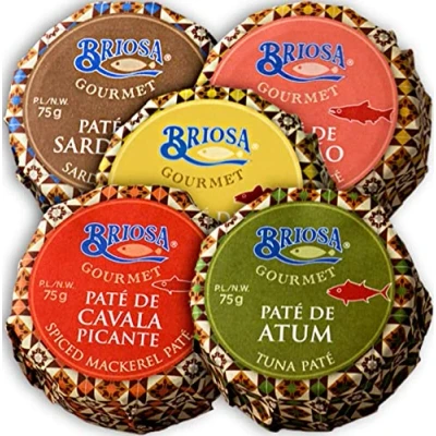 Abbildung von Briosa Gourmet Sardinen , Lachs Makrelen Thunfisch und Kabeljau Pastete 5 x 75 g Fischpaste Fisch Brotaufstrich Von Hand eingemacht verpackt Reich an Omega 3 Portugal