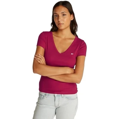 Abbildung von Tommy Jeans Damen TJW Slim Essential Rib V SS DW0DW17385 S/S T Shirt, Red (Brilliant Berry), XXS