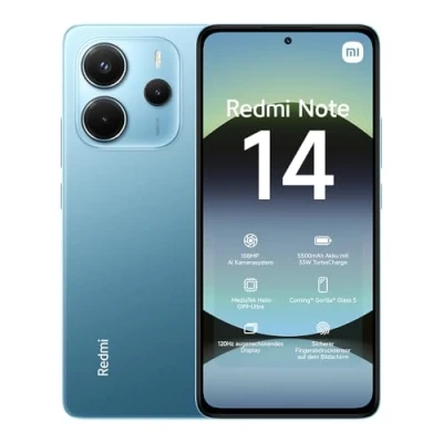 Abbildung von Xiaomi Redmi Note 14 Smartphone, 8 + 128GB, Blue, 108MP AI Kamerasystem, 5500mAh Akku, 120Hz Augenschutzdisplay, Funktionen (kein Ladegerät enthalten)