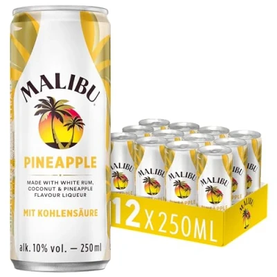 Abbildung von Malibu Pineapple fruchtig prickelnder Mix aus Rum und mit erfrischendem Geschmack von Kokos Ananas 12 Dosen à 250 ml, gesprudelt, (10 Vol. %)