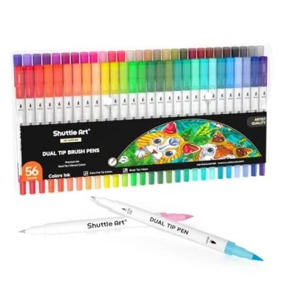Abbildung von Shuttle Art Dual Brush Pen Set, doppelköpfige Pinselstifte mit weicher Spitze, 56 bunte Aquarellstifte zwei Arten von Schreibfedern: Fasermaler (1 2mm) und Fineliner(0,4mm)