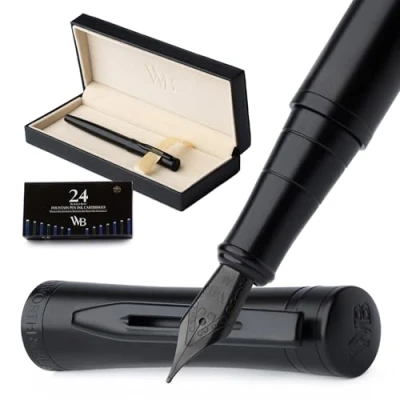 Abbildung von Wordsworth &amp; Black Füllfederhalter Set, mittlere Feder, enthält 24 Tintenpatronen, Tinten Konverter Geschenkbox, Kalligraphie, [Komplett Schwarz], perfekt für Männer Frauen