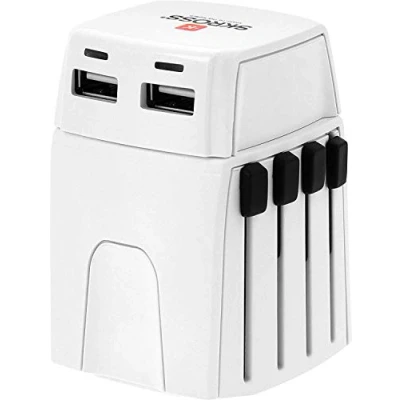 Abbildung von SKROSS 1.302830 Muv Micro USB Universeller 2 Pol Reiseadapter plus 2,4 A Anschlüsse. Spannung und Leistung: 100V 250W / 250V 625W. Anti Stromschlagschutz