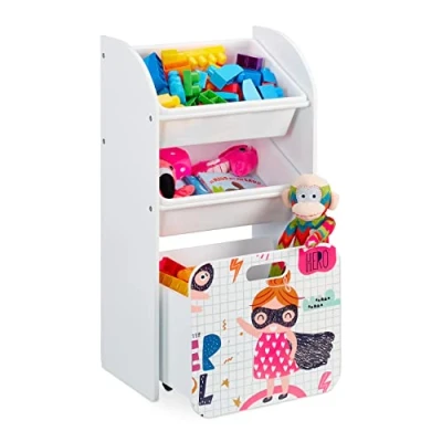 Abbildung von Relaxdays Kinderregal mit 3 Boxen, Heldin Motiv, Kiste Rollen, HBT: 80,5x42,5x30 cm, schmales Spielzeugregal, weiß