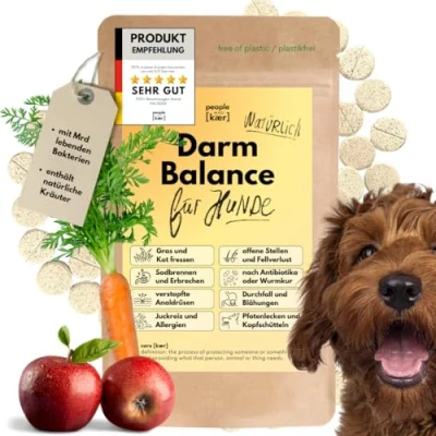 Abbildung von People who Kaer Darm Balance Drops für Hunde, 60 Tabletten, Probiotika &amp; Präbiotika, Darmflora Aufbau Hund unterstützt bei Durchfall und Darmsanierung, Tabletten mit Flohsamenschalen Inulin