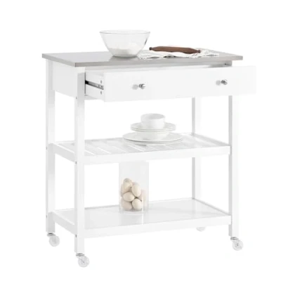 Abbildung von SoBuy FKW47 W Küchenwagen mit Edelstahlplatte Küchenregal 4 Rollen Flurschrank Servierwagen Sideboard Kücheninsel Beistelltisch 2 Schubladen und Ablagen 100x45x92cm