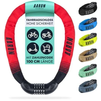 Abbildung von AARON Lock One Fahrradschloss mit 5 stelligem Zahlencode, Kettenschloss aus Stahl und hoher Sicherheitsstufe Schloss für E Bike, Mountainbike, Trekkingrad, Tourenrad, Rennrad in rot