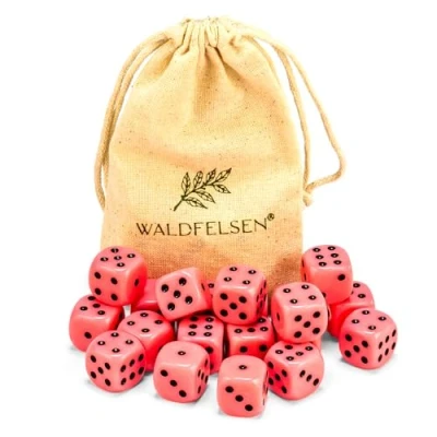 Abbildung von 6, 12, 20, 30 oder 50 hochqualitative Würfel von Waldfelsen® Standardgröße 16 mm Acrylwürfel Knobel Spielwürfel Dice 6 seitig sechsseitig Spielzubehör Set mit Stoffbeutel (Rosa, 20 Stück)