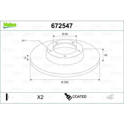 Abbildung von VALEO 672547 Bremsscheibe Hinterachse 256 12 9 voll beschichtet VOLKSWAGEN: Golf 5 Schrägheck, Touran I, Caddy 3 Kombi, SKODA: Octavia 2 Combi