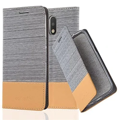Abbildung von Cadorabo Hülle kompatibel mit Motorola Moto G4 / Plus aus Jeans und Kunst Leder Flip Klappbare Magnetische [Standfunktion] [Kartenfächern] Cover für Tasche in Grau