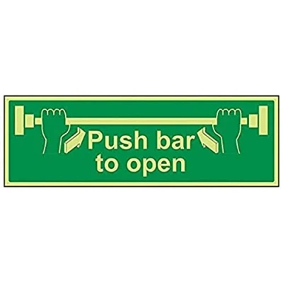 Abbildung von VSafety englisches Türschild „Push Bar To Open“, Leuchtet im Dunkeln, 450 x 150 mm, fester Kunststoff