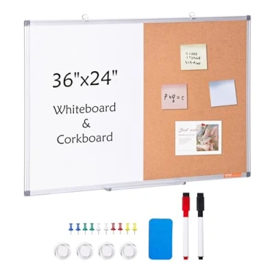 Abbildung von VEVOR 91,4 x 61 cm Whiteboard und Korktafel Combo mit Aluminiumrahmen 2 in 1 magnetische, trocken abwischbare Pinnwand zur Wandmontage, ideal für Schule, Zuhause, Büro