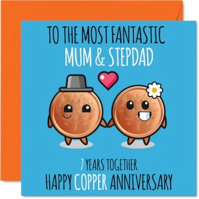 Abbildung von Süße Kupfer Jubiläumskarte für Mama &amp; Stiefvater 7 Jahre zusammen Glückwunschkarten zum 7. Hochzeitstag Stiefvater, Mutter, 145 mm x mm, Grußkarten siebten Jahrestag