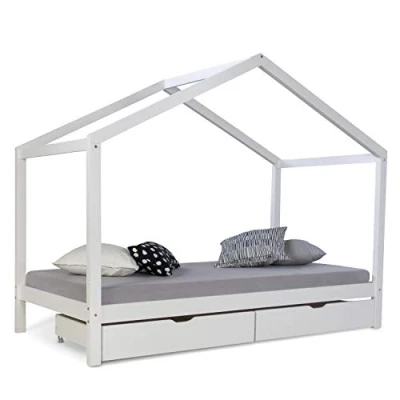 Abbildung von Homestyle4u Kinderbett 90x200 Hausbett Kinderhaus Spielbett Holzbett Bettkasten (inkl. Lattenrost &amp; 2 Schubladen)