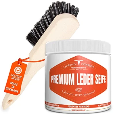 Abbildung von Lederseife Lederreiniger inkl. Bürste aus Deutschland Lederpflege zur Leder Reinigung von Lederprodukten Reiniger als Sattelseife, Polsterreiniger SPARSET URBAN Forest 500ml