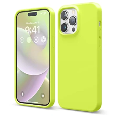 Abbildung von elago Kompatibel mit iPhone 14 Pro Max, Flüssigsilikon Hülle, Ganzkörper Schutzhülle, stoßfest, schlanke Handyhülle, kratzfestes weiches Mikrofaserfutter, 6,7 Zoll (17 cm), Neongelb