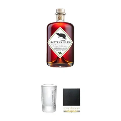 Abbildung von Rattenkiller Kräuterlikör 0,7 Liter + Jägermeister Frozen Club Shot Glas 2 cl 1 Stück Schiefer Glasuntersetzer eckig ca. 9,5 cm Durchmesser