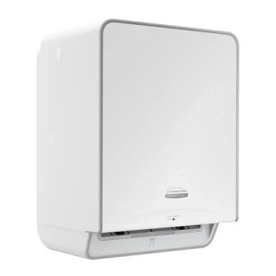 Abbildung von Kimberly Clark Professional Automatischer ICON Rollenhandtuchspender (53940), weißes Gehäuse mit weißer Blende im Mosaikdesign; 1 Spender und eine pro Verkaufseinheit