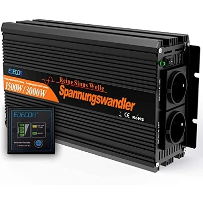 Abbildung von EDECOA Wechselrichter 12v auf 230v Reiner Sinus 1500w Wohnwagen Spannungswandler 2X USB und Fernbedienung KFZ Stromwandler Inverter 220v Wohnmobil