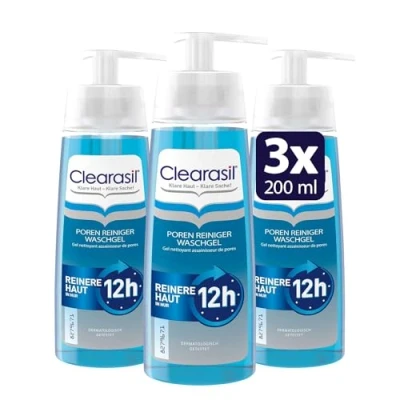 Abbildung von Clearasil Poren Reiniger Waschgel Reinigungsgel gegen Pickel, Mitesser &amp; Unreinheiten für reinere Haut im Gesicht 3 x 200 ml